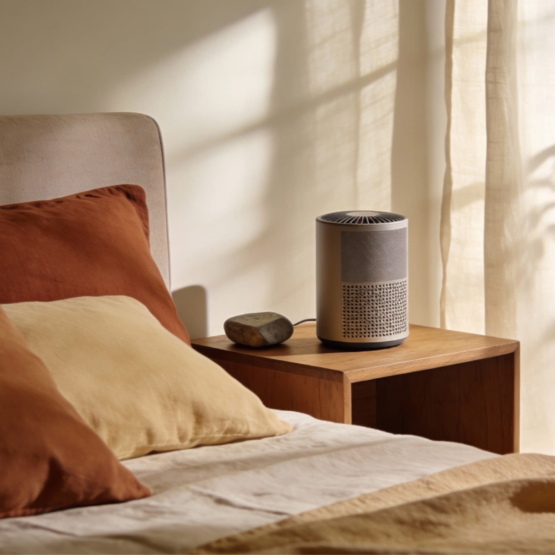 A speaker on a nightstand next to a bed