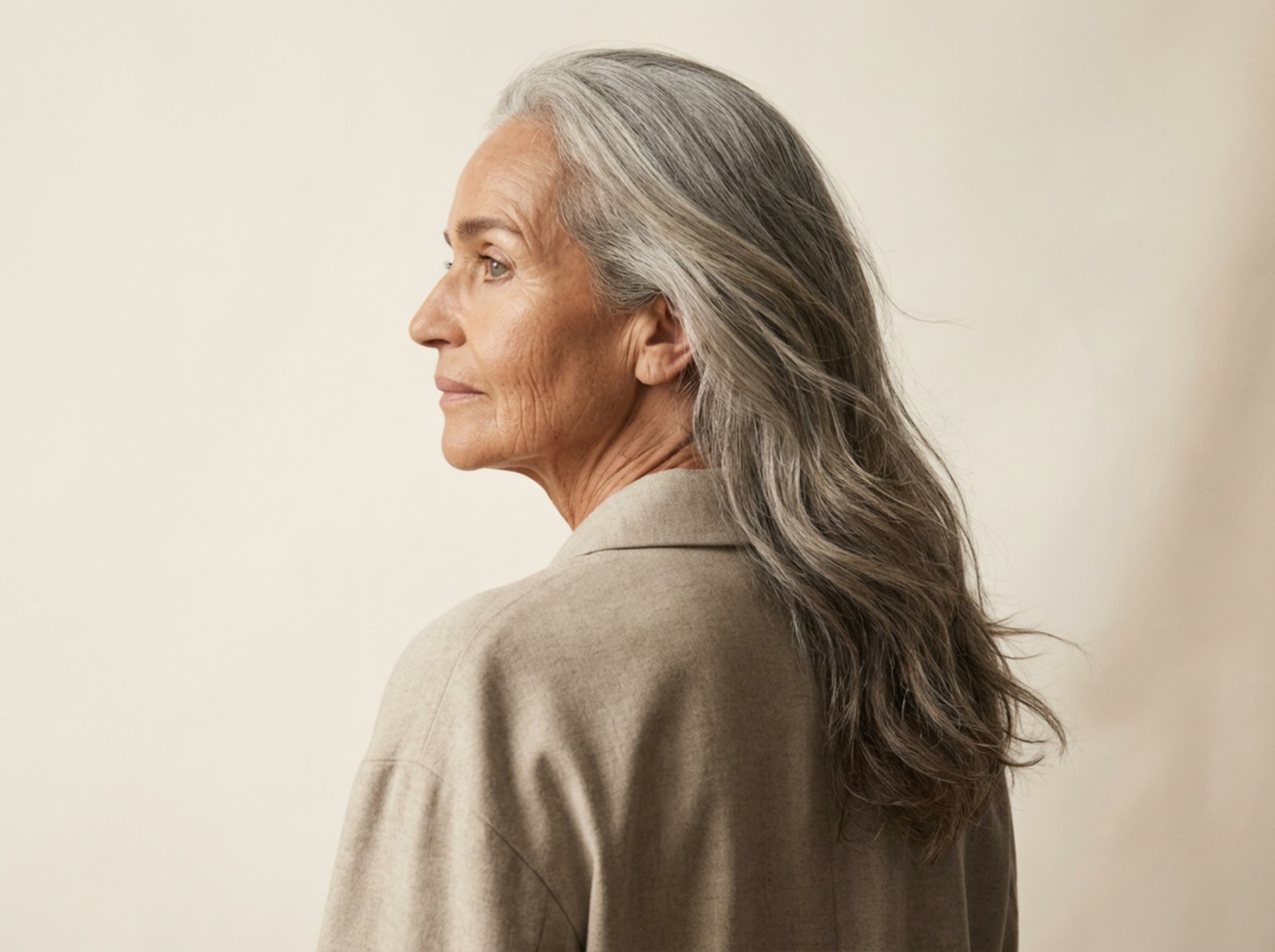 A side profile of a middle aged woman
